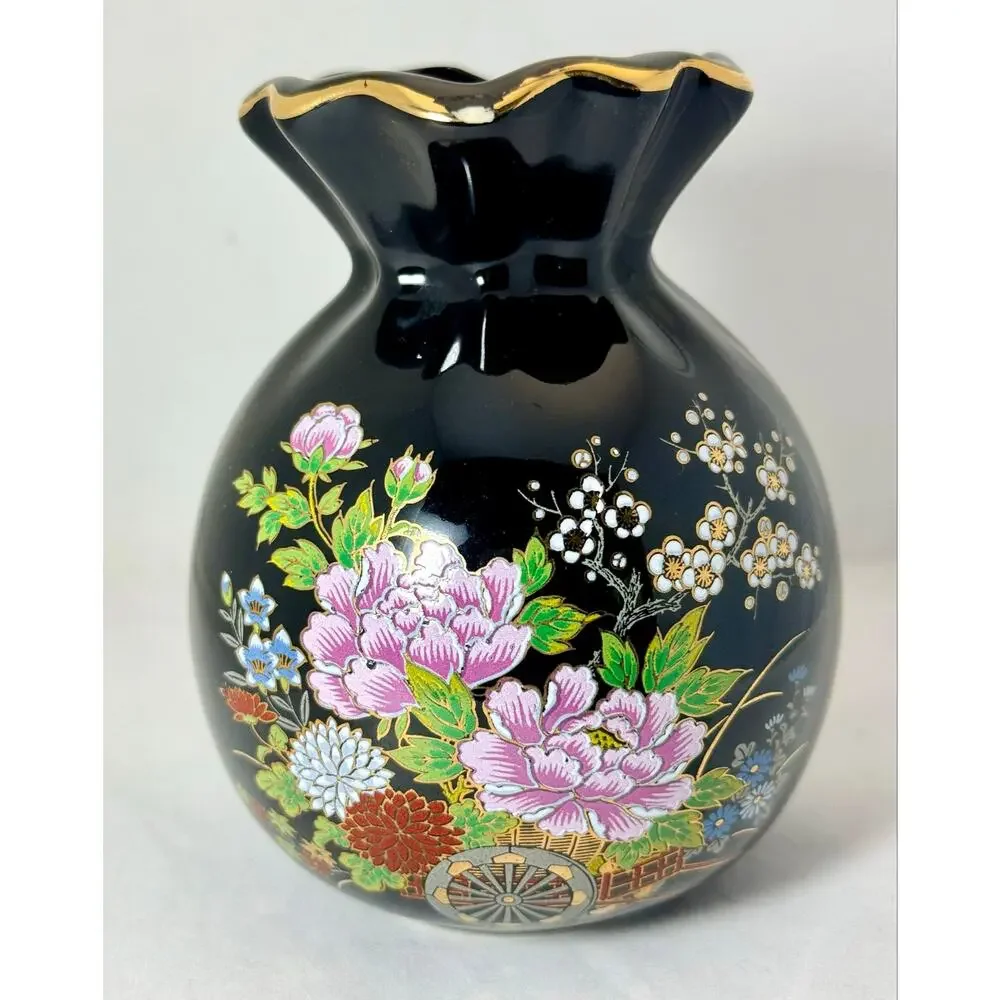 Vintage Bijutsu Toki Japan Black Floral Vase Gold Trim Flower Cart 5.25”